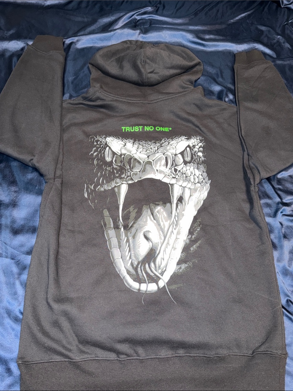 Fashion Nova Black Hoodie with White Snake Graphic and Neon Green Text